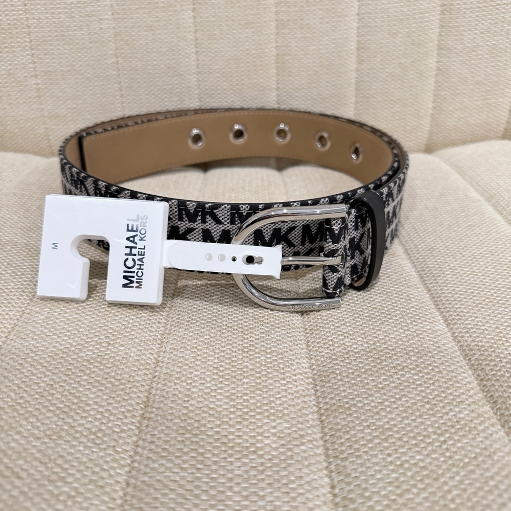NEW Michael Kors Womens‎ Signature Monogram Grommet Belt Black White Medium